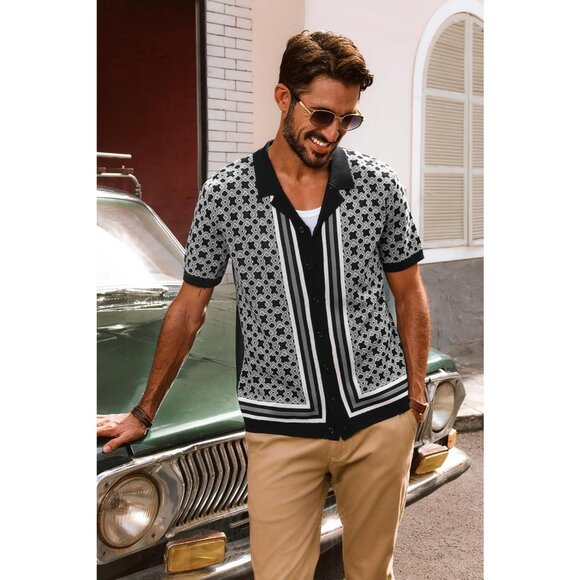 Men Black Short Sleeve Button Up Shirt Casual Knit Geometric Pattern Top - Picture 3 of 5